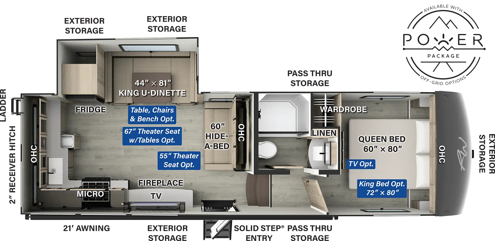 The Rockwood Signature Fifth Wheels R301RKS floorplan has one entry and one slide out. Exterior features include: fiberglass exterior and 21' awning. Interiors features include: rear kitchen, u-dinette and front bedroom.